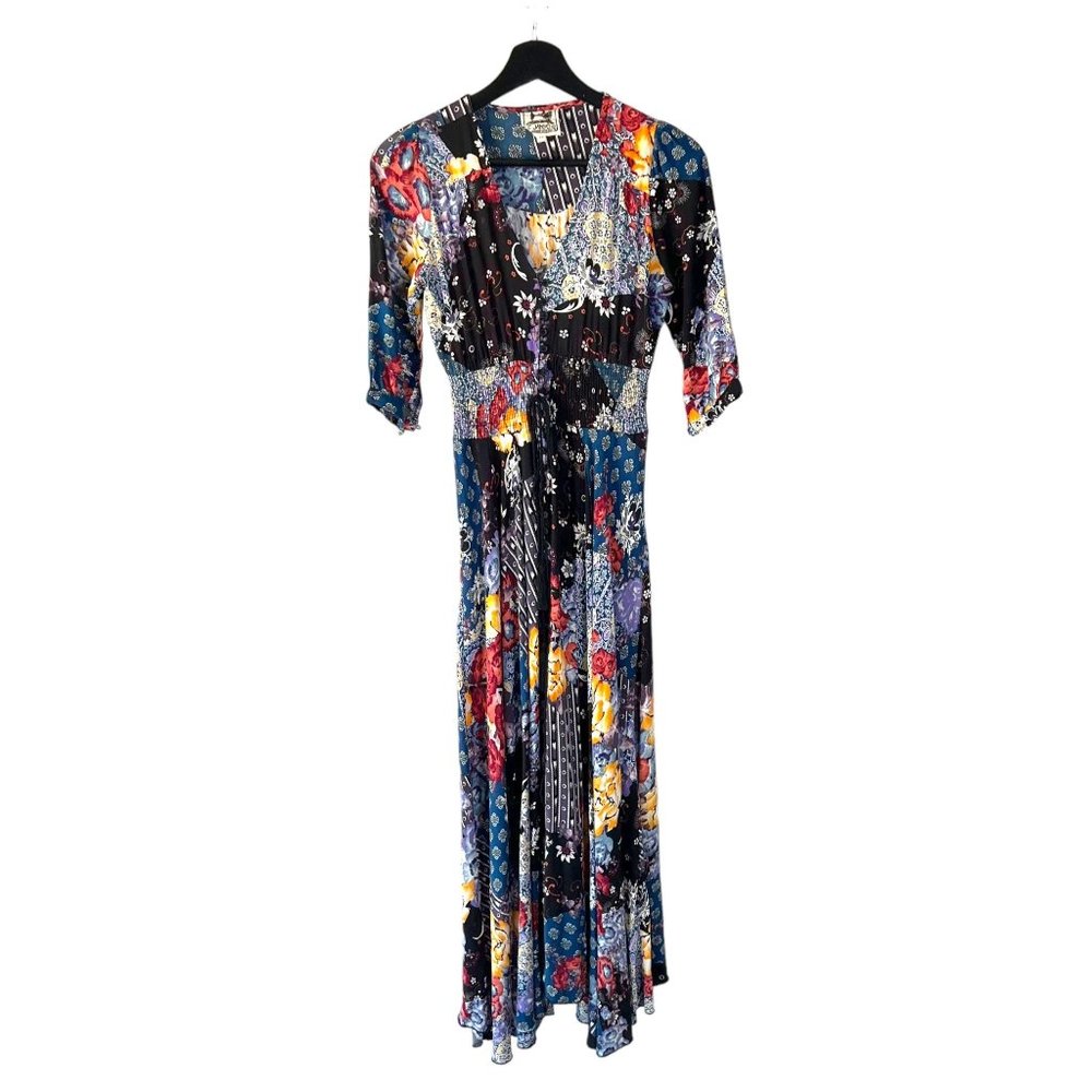 Jaase Black Multicolor Patchwork Button Up Half Sleeve Maxi Dress Xs